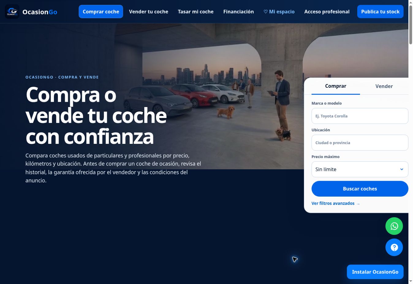 Captura real de la portada de OcasiónGo con buscador de coches de ocasión